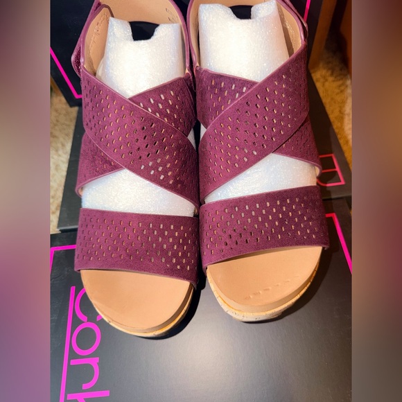 Stylish Burgundy Corkys Faux Suede Sandals - Picture 2 of 5